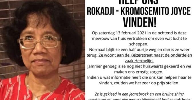 64-jarige Joyce Rokadji-Kromosemito na ruim een maand nog steeds spoorloos