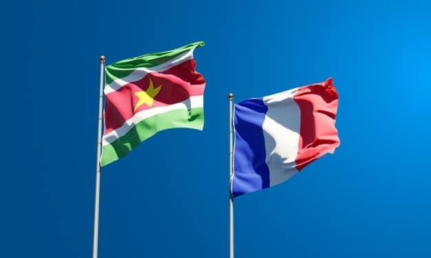 mooie nationale vlaggen van frankrijk en suriname samen aan de hemel 337817 28