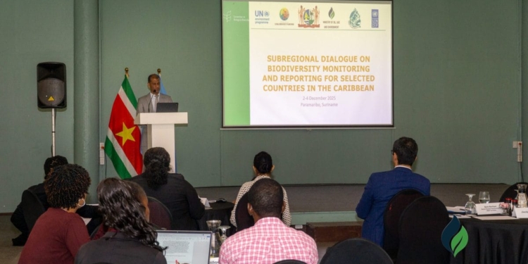 Caribische delegaties tijdens de biodiversiteitsdialoog in Paramaribo, waar landen werkten aan sterkere strategieën en regionale samenwerking voor natuurbeheer.