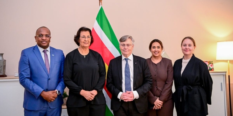 President Jennifer Simons ontvangt de Finse delegatie onder leiding van ambassadeur Pertti Ikonen op het Kabinet van de President.