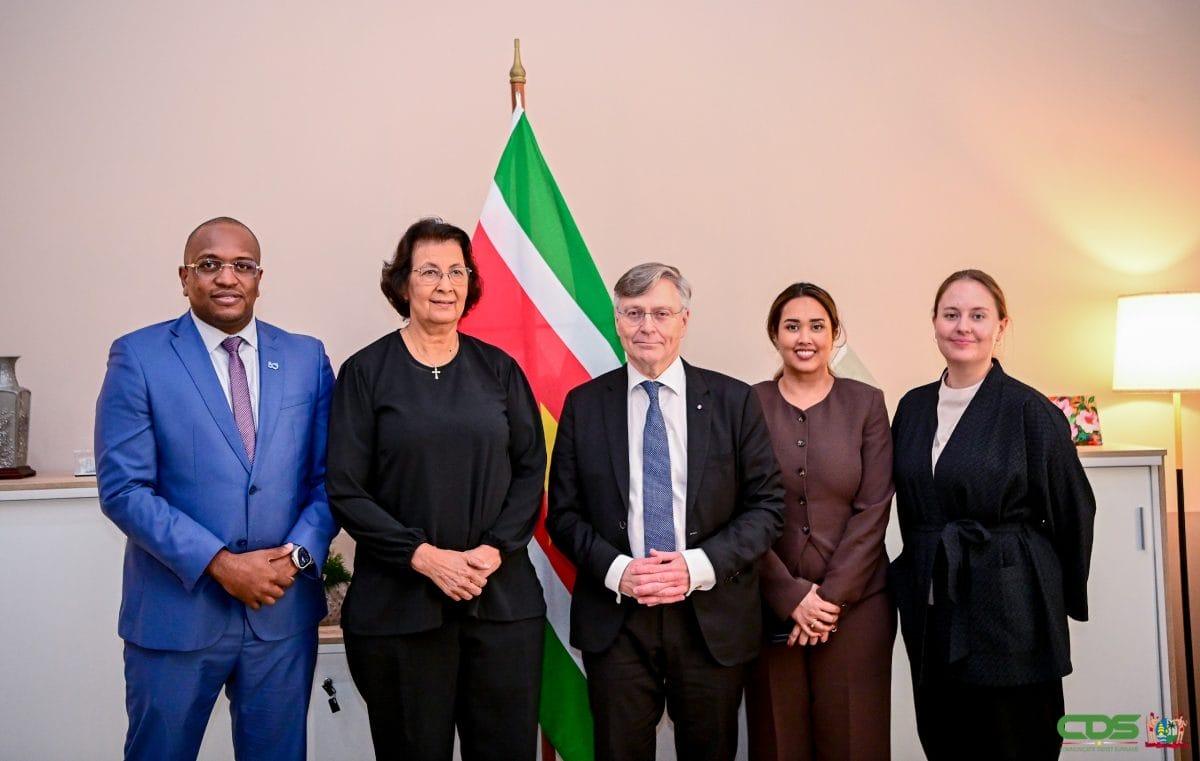 President Jennifer Simons ontvangt de Finse delegatie onder leiding van ambassadeur Pertti Ikonen op het Kabinet van de President.