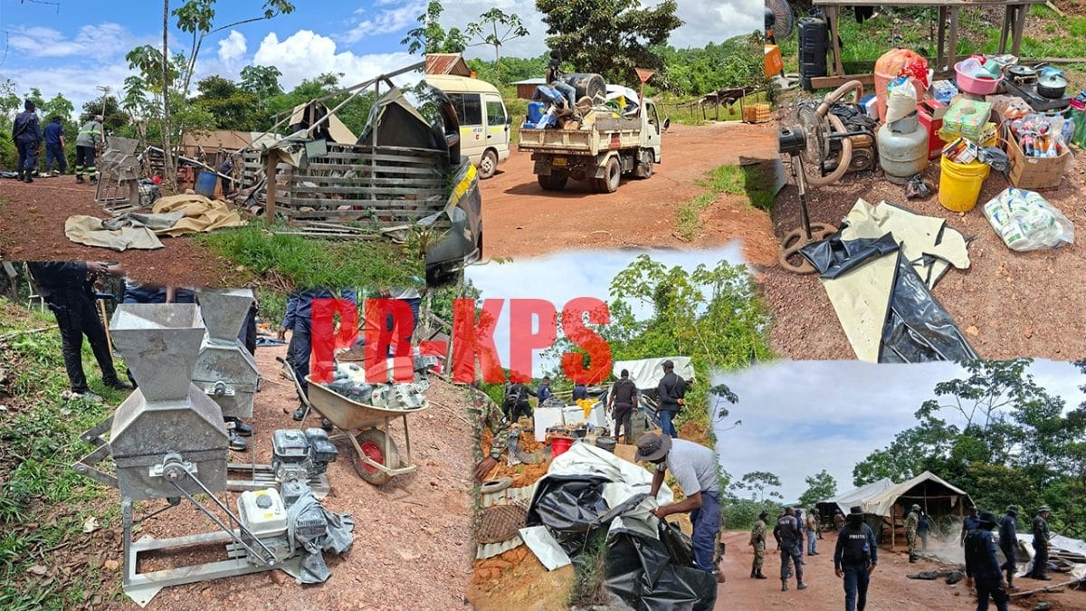 Politie en leger tijdens operatie Clean Sweep voor ontruiming kampen bij Rosebel Hill Mine
