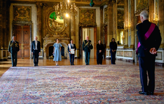 Ambassadeur Marciano Edgar Armaketo tijdens de aanbieding van zijn geloofsbrieven aan koning Filip in het Koninklijk Paleis in Brussel.