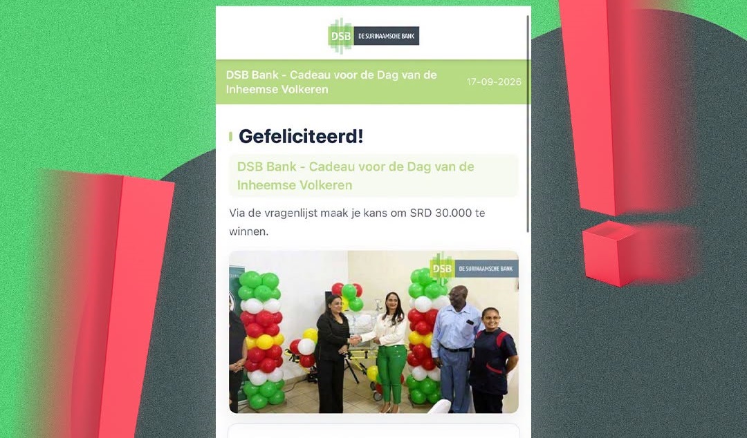 Scammers doen zich voor als De Surinaamsche Bank.